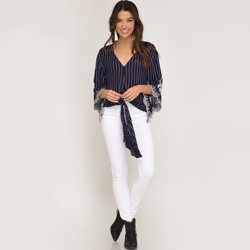 Blue Floral Striped Tie Front Bell-Sleeve Top - Picture 6 of 9